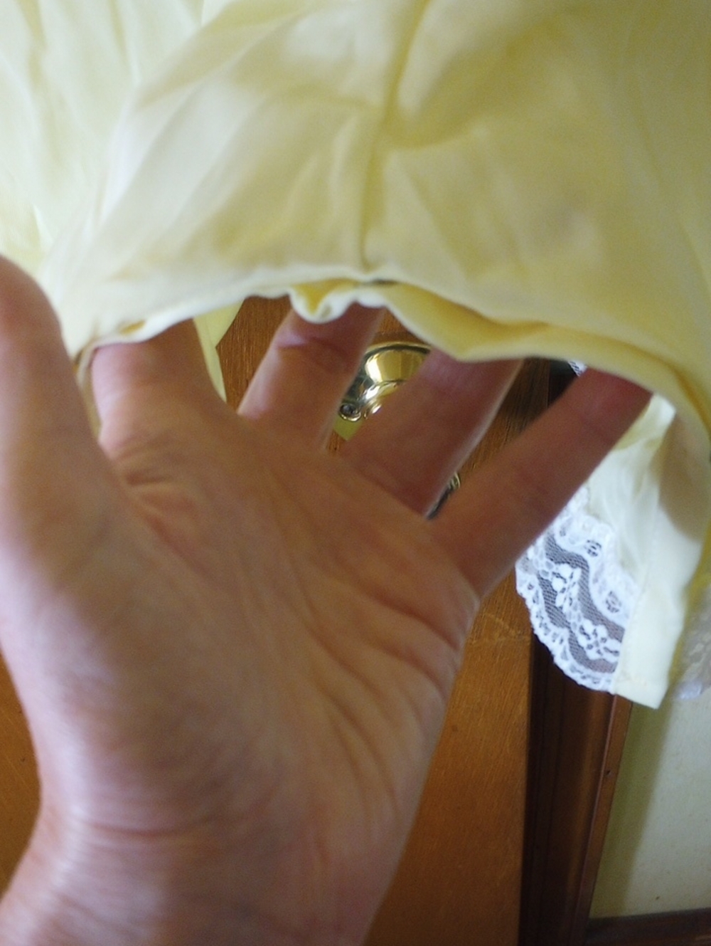 NWOT Yellow Nylon & White Lace Divided Slip w/ Snap Crotch & Adjustable Straps - Picture 4 of 7